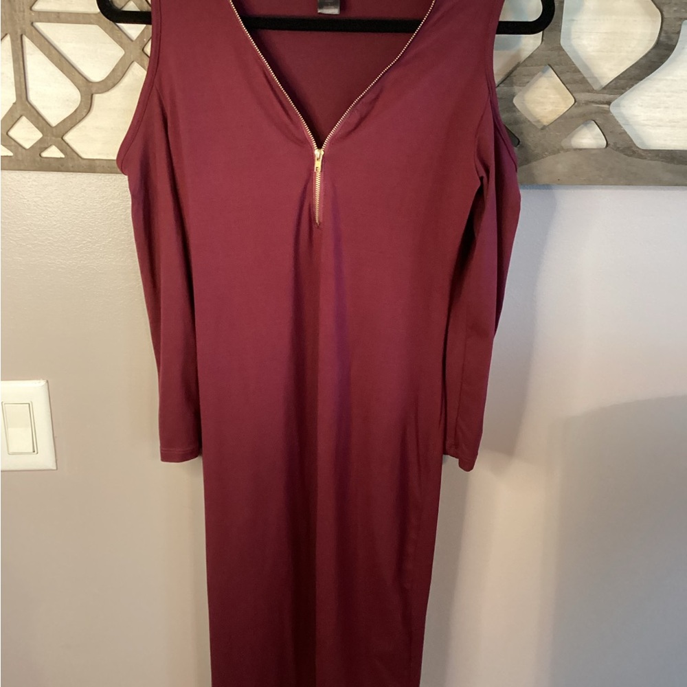 Hot Kiss Burgundy Long Sleeve Dress with Gold Accent